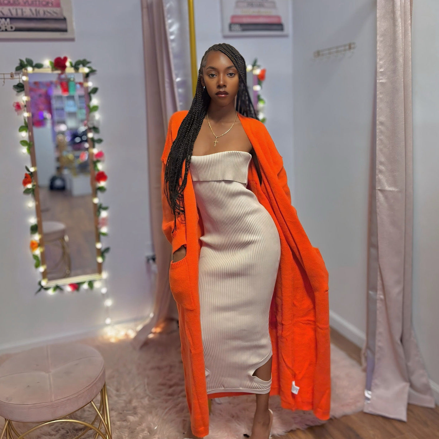 Long knit orange cardigan