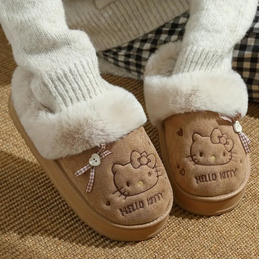 Brown hello kitty fur slippers